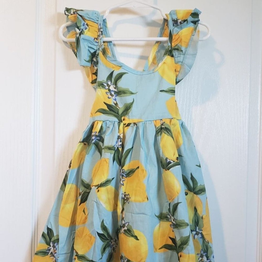 Lemon Print Teal Cotton Dress